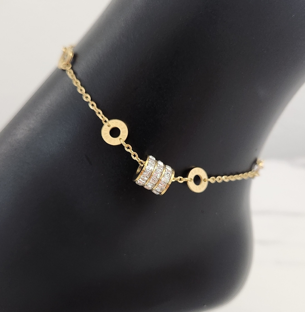 Gold Roman Numeral Anklet Crystal Stainless Steel Ankle Bracelet - Picture 3 of 16